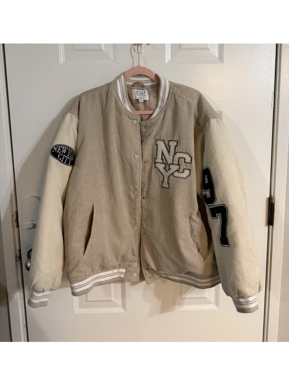 Corduroy Varsity Jacket in Beige & Cream with NYC Patch